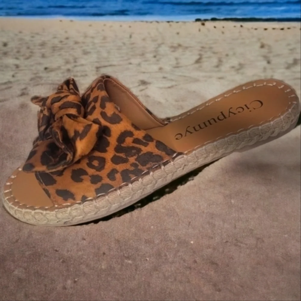 Womens Espadrille‎ Sandals Leopard Print with Bowknots - Size 6 / 7